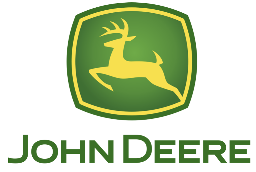 John Deere logo: yellow leaping deer inside a green and yellow rectangular shield, with 
