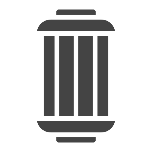 Trash can icon. Cylindrical, with vertical slats, flat top and base.