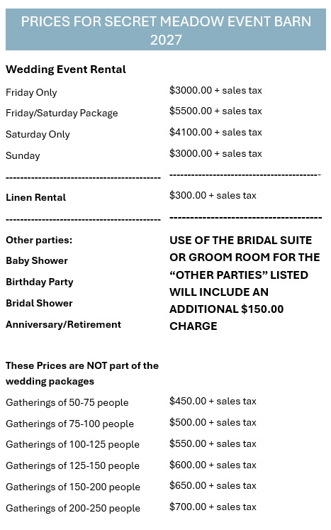 A wedding and reception pricing sheet for a wedding and reception.