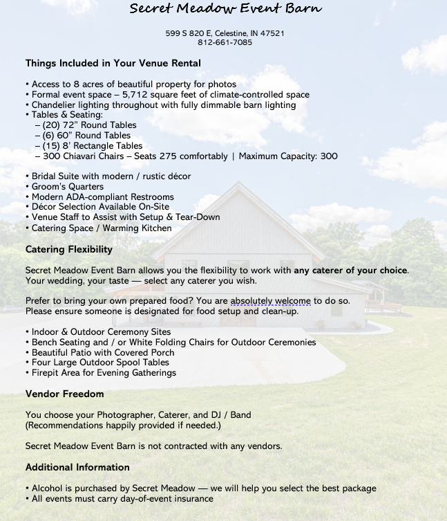 A wedding and reception pricing sheet for a wedding and reception. A wedding and reception pricing sheet for a wedding and reception.