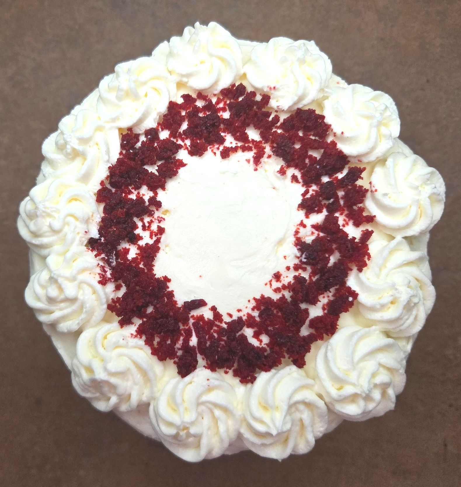 Overhead view of a red velvet cake