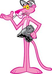 Pink cartoon panther holding a gray camera and gesturing with one hand.