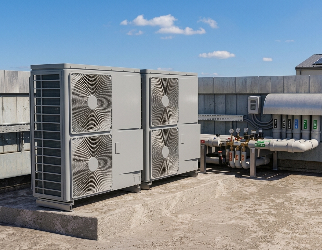 Unità di climatizzazione sul tetto con grandi ventilatori accanto alle canalizzazioni sotto un cielo azzurro