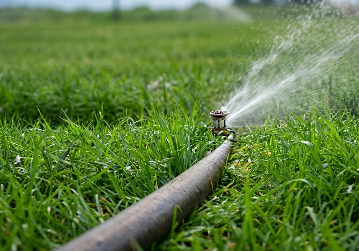 Un irrigatore innaffia un campo di erba verde, spruzzando acqua sul prato.
