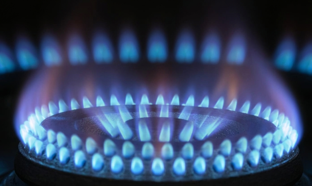 Fiamme blu di gas che bruciano su un fornello al buio