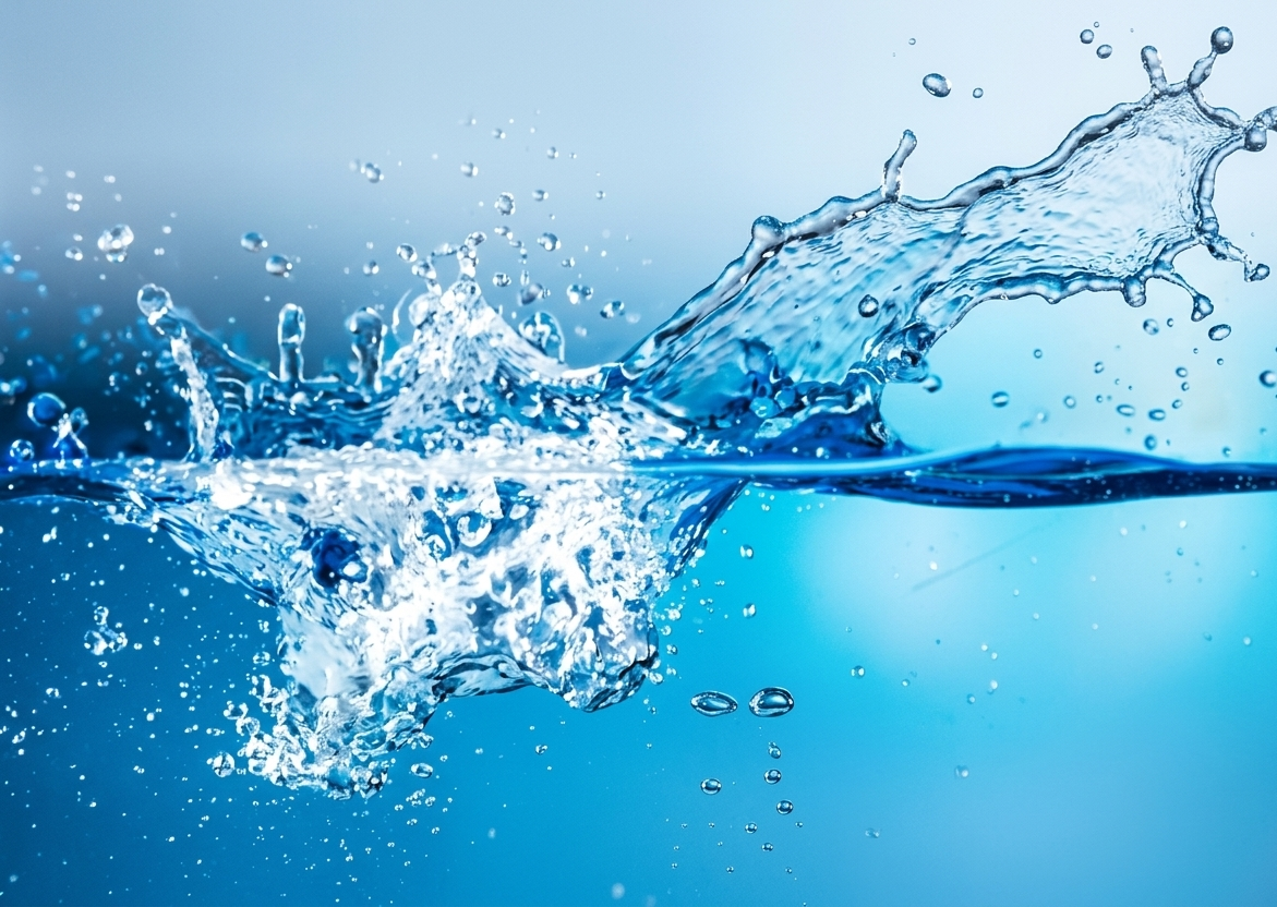 Schizzi di acqua blu con bolle su uno sfondo blu brillante