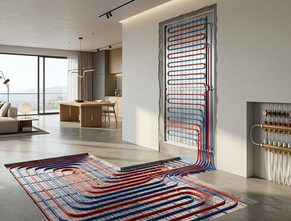 Soggiorno moderno con un'installazione di tubi colorati a tutta altezza su pareti e pavimento.