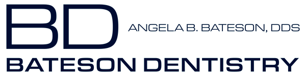Bateson Dentistry logo with blue “BD” monogram and black text, Angela B. Bateson, DDS