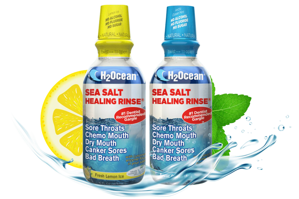 Two blue Sea Salt Mineraine rinse bottles with lemon and mint splash graphics and ice cubes