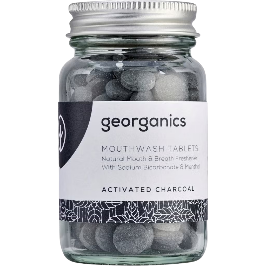 Georganics activated charcoal mouthwash tablets jar with silver lid