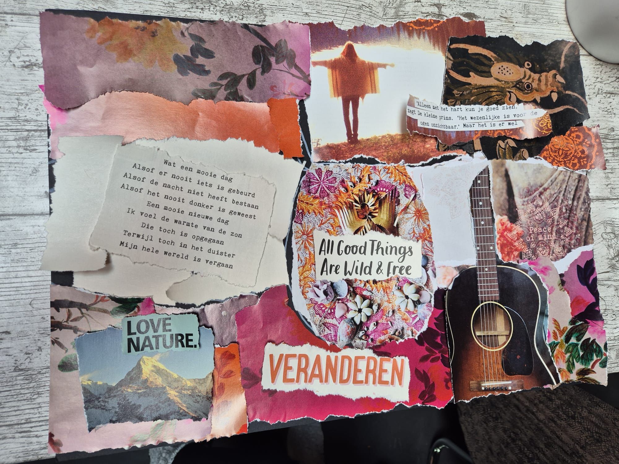 Collage van inspirerende citaten en afbeeldingen in roze, oranje en zwarte tinten.