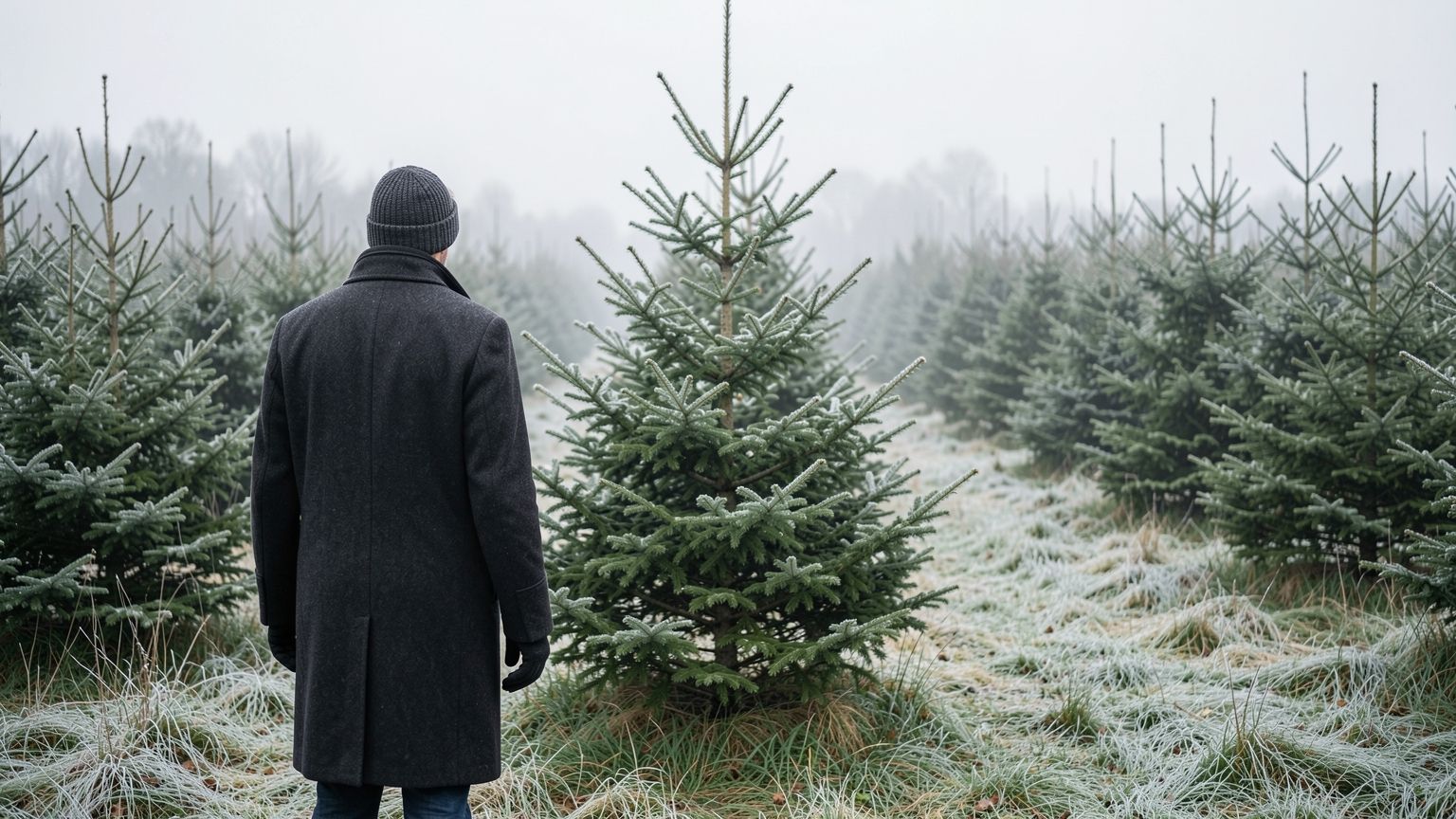 Familie der selv fælder sit juletræ i en juletræsplantage