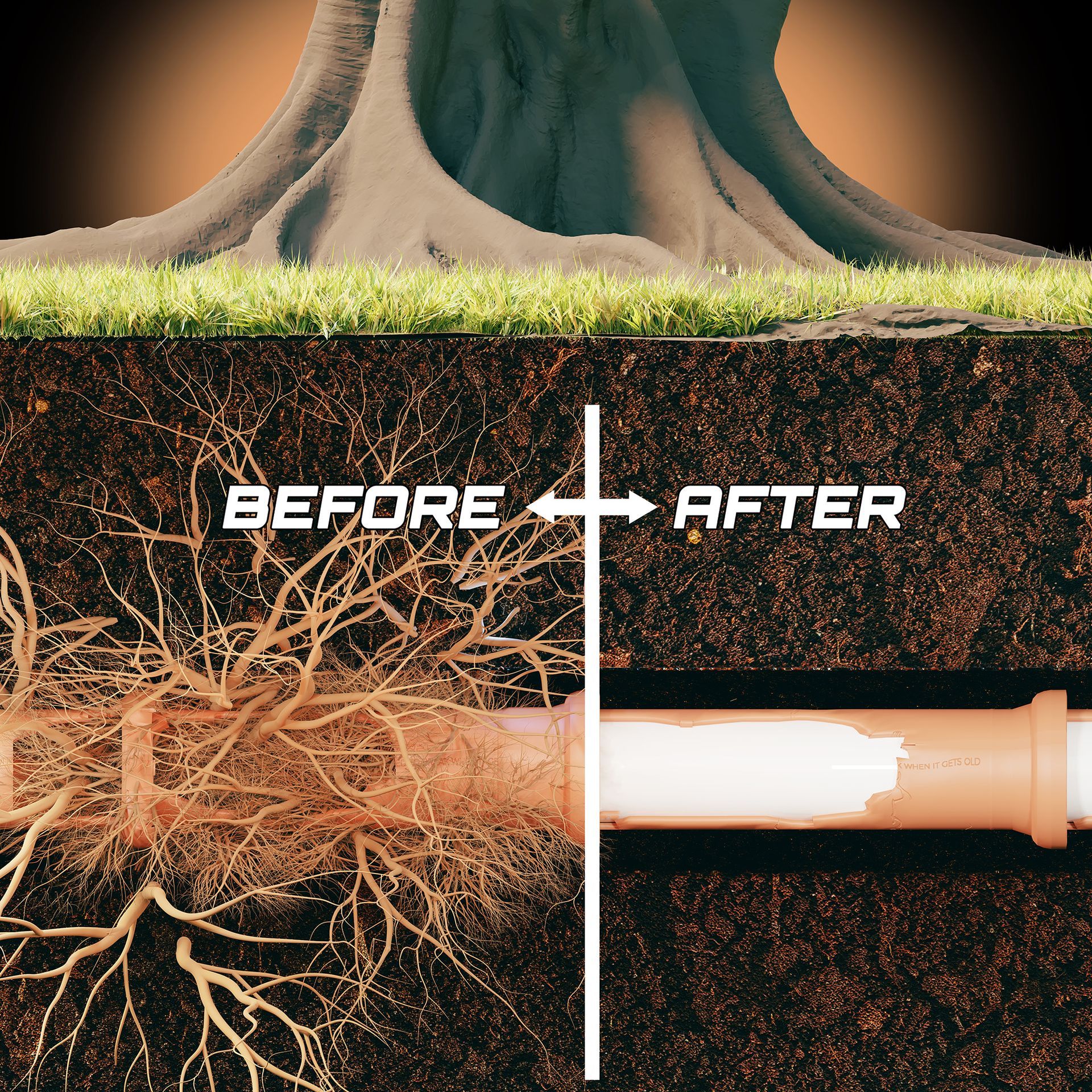 Tree roots before and after treatment, with healthy roots on top and diseased roots plus a syringe below