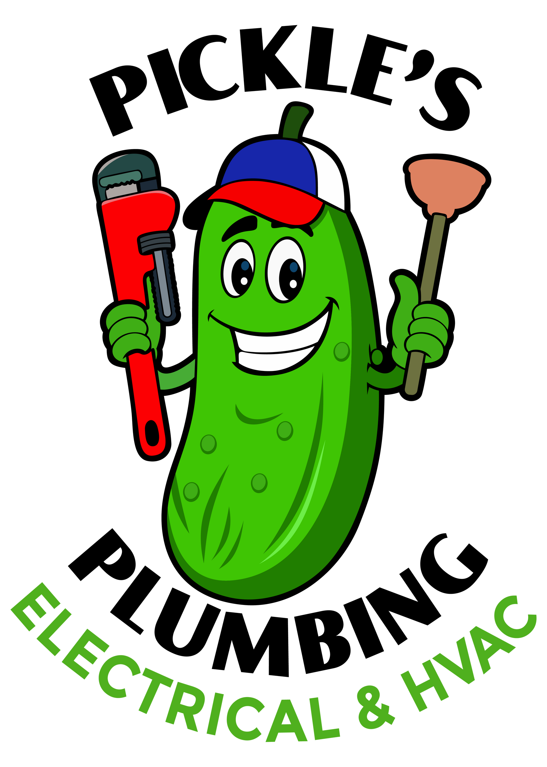 Pickle&rsquo;s Plumbing, electrical & HVAC logo with smiling pickle mascot holding tools