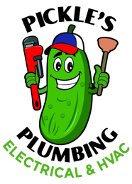 Pickle’s Plumbing, electrical & HVAC logo with smiling pickle mascot holding tools