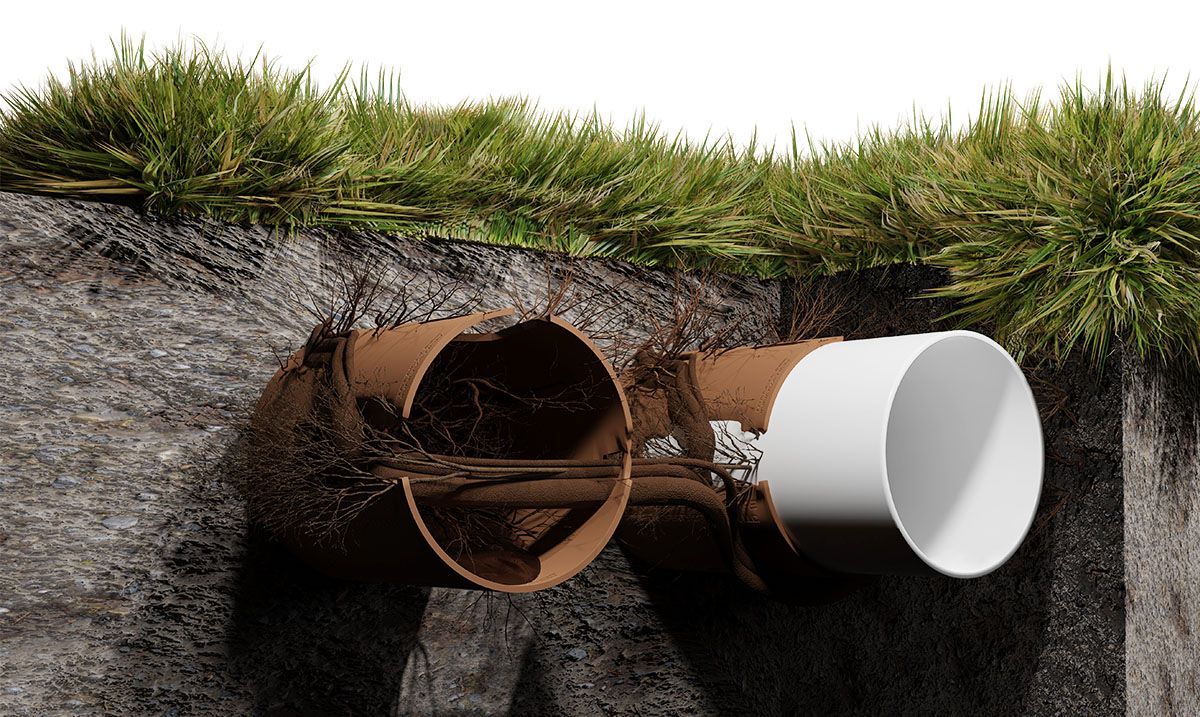 Broken pipe protruding from a dirt embankment under grass, with a white pipe section beside it.