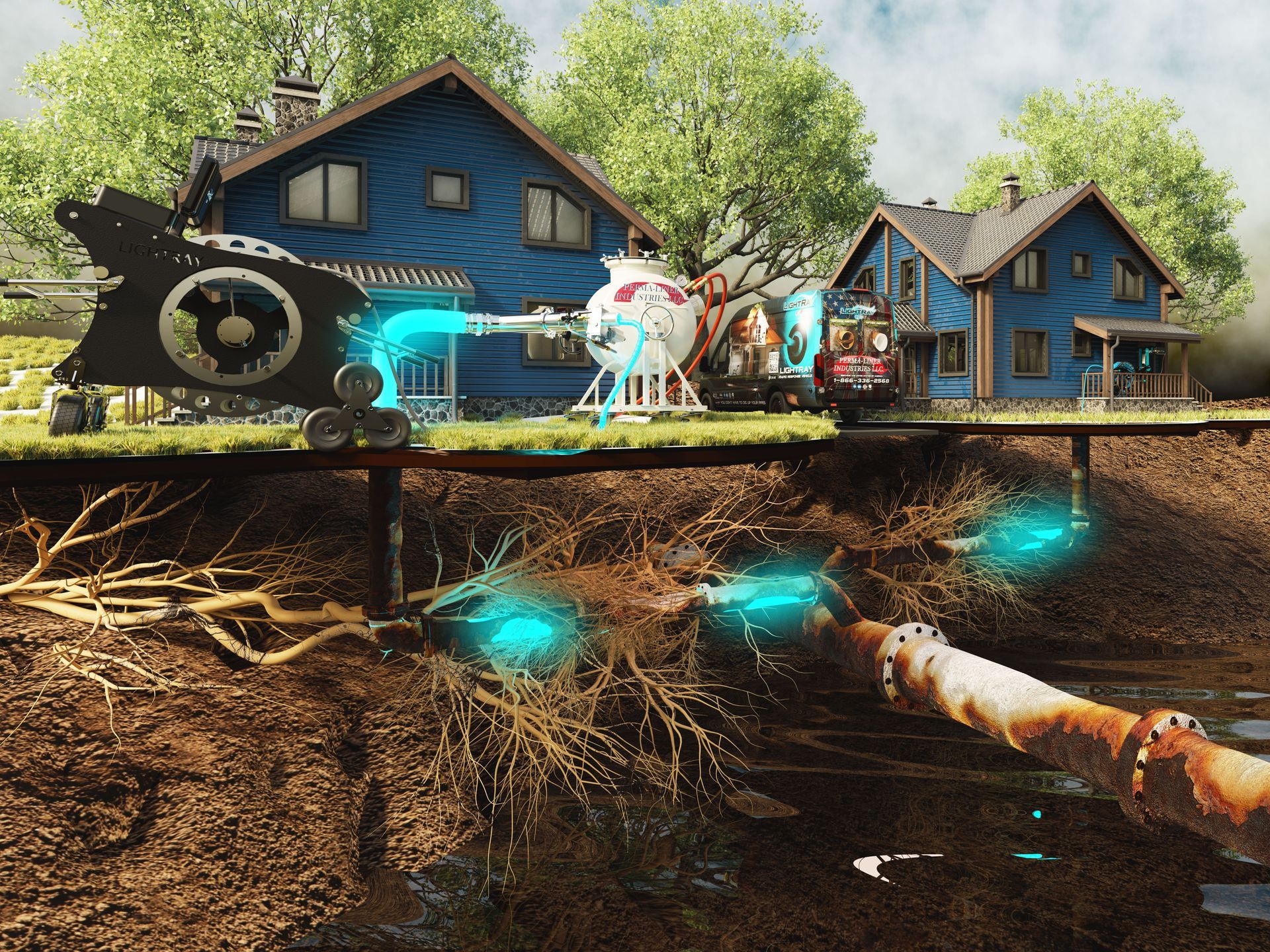 Worker repairing underground utility lines beneath houses, with glowing blue cables and excavation equipment above.