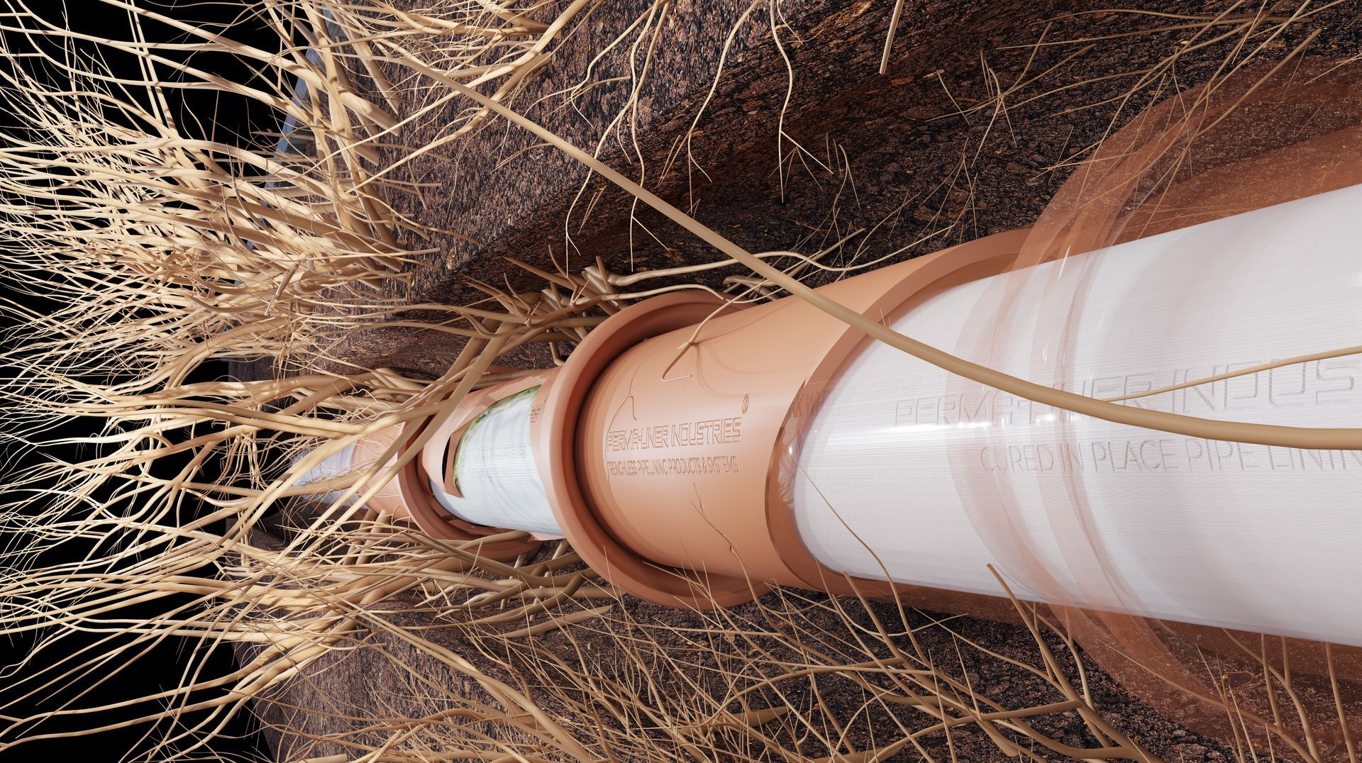 White PVC pipe with a tan coupling, surrounded by dry grass and dirt in a trench