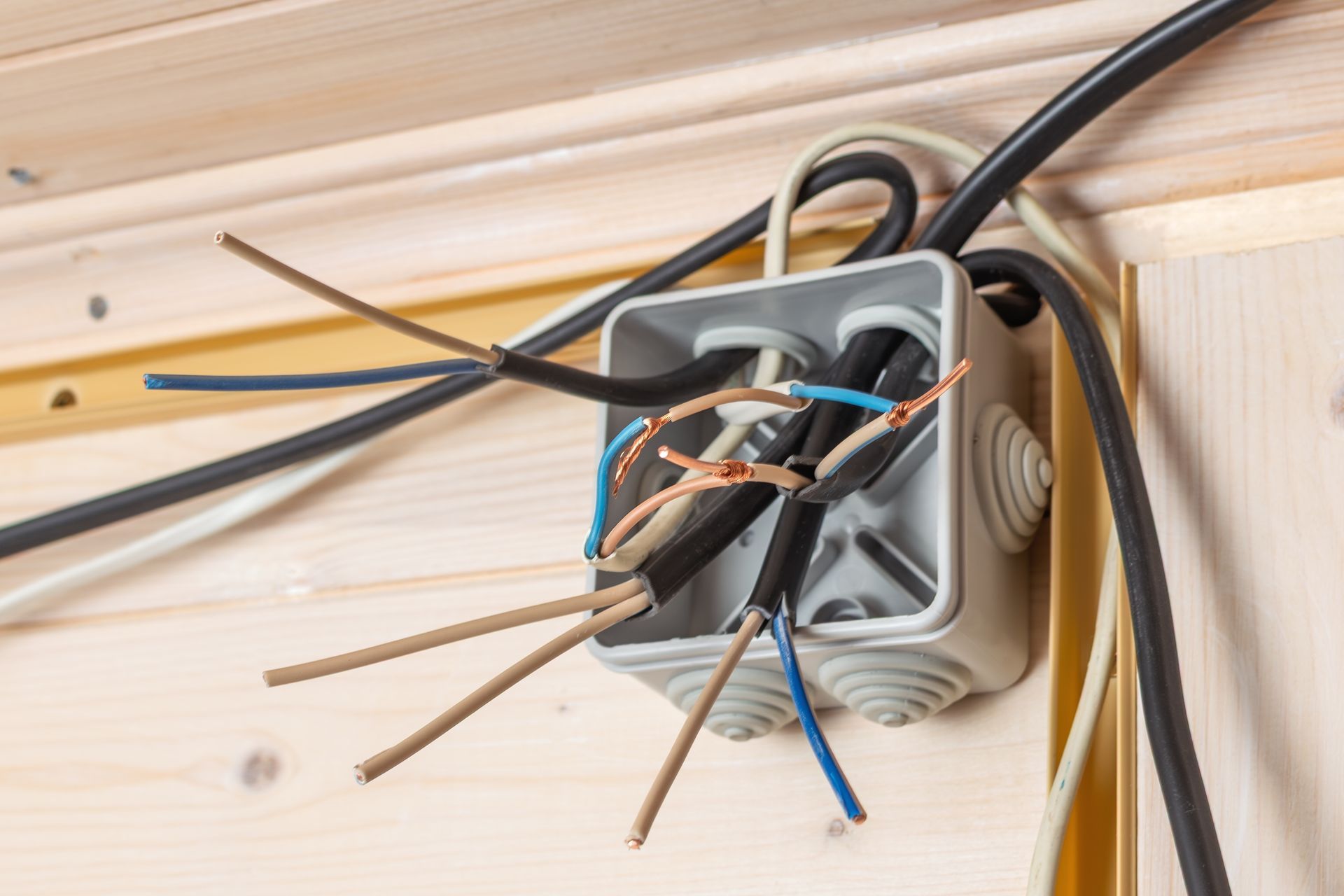 Electrical junction box with wires extending in multiple directions. Wires are black, white, blue and brown. Box is grey.