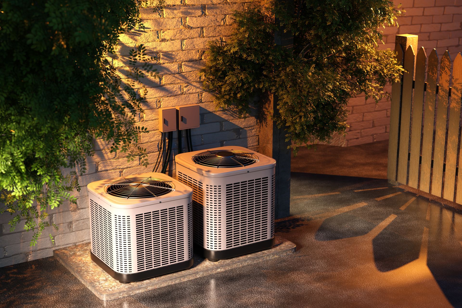 Two beige outdoor HVAC condenser units sit on a concrete pad against a brick wall with nearby trees and a fence.