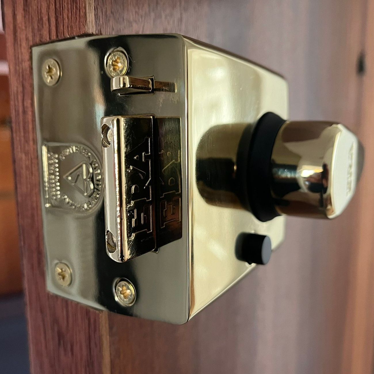 Brass door lock on wooden door.