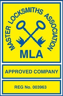 Master Locksmiths Association logo: Yellow background with crossed keys, blue text, and border. 