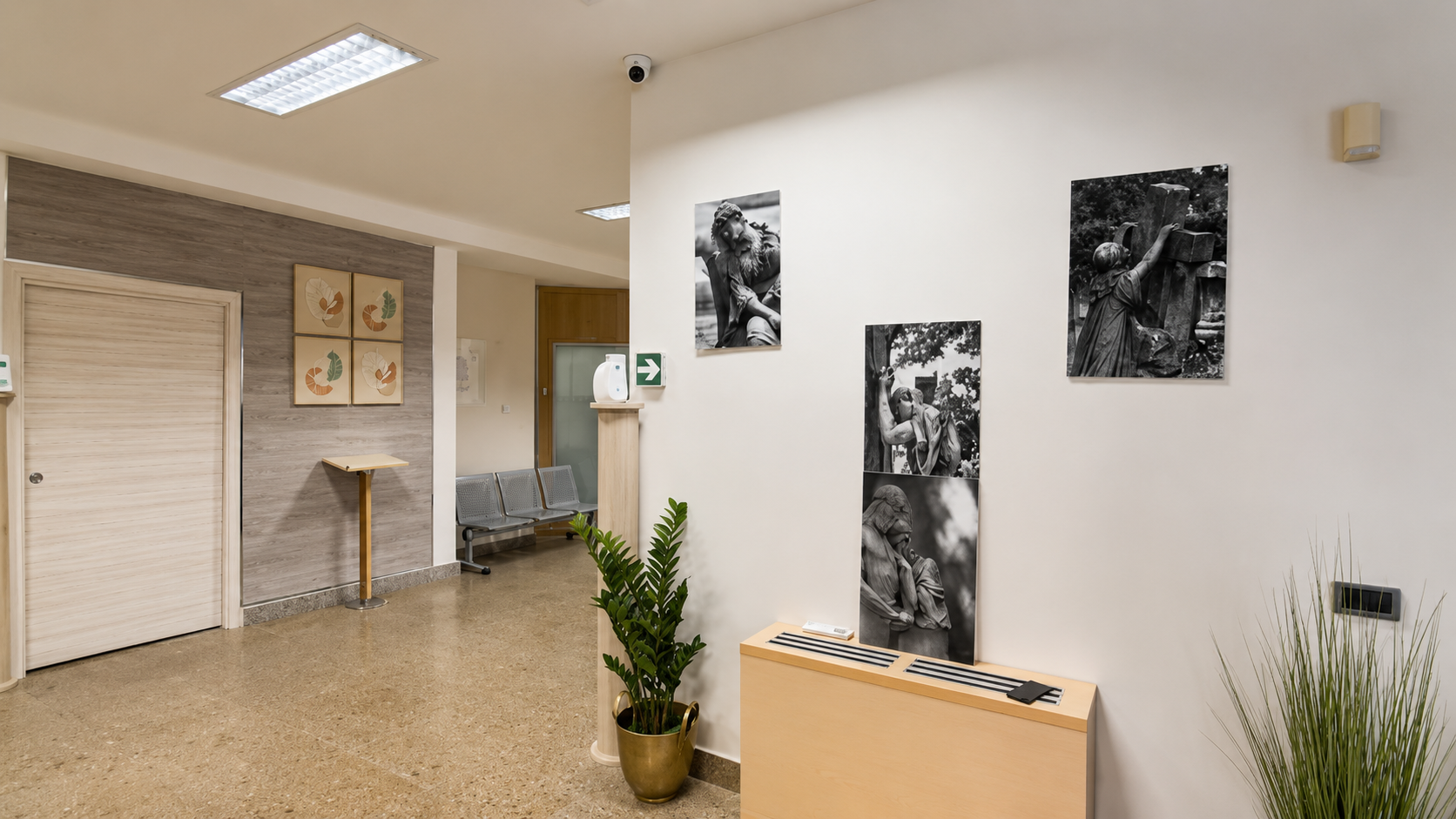 Atrio moderno con quadri in bianco e nero incorniciati, piante in vaso e bancone della reception su pareti beige.