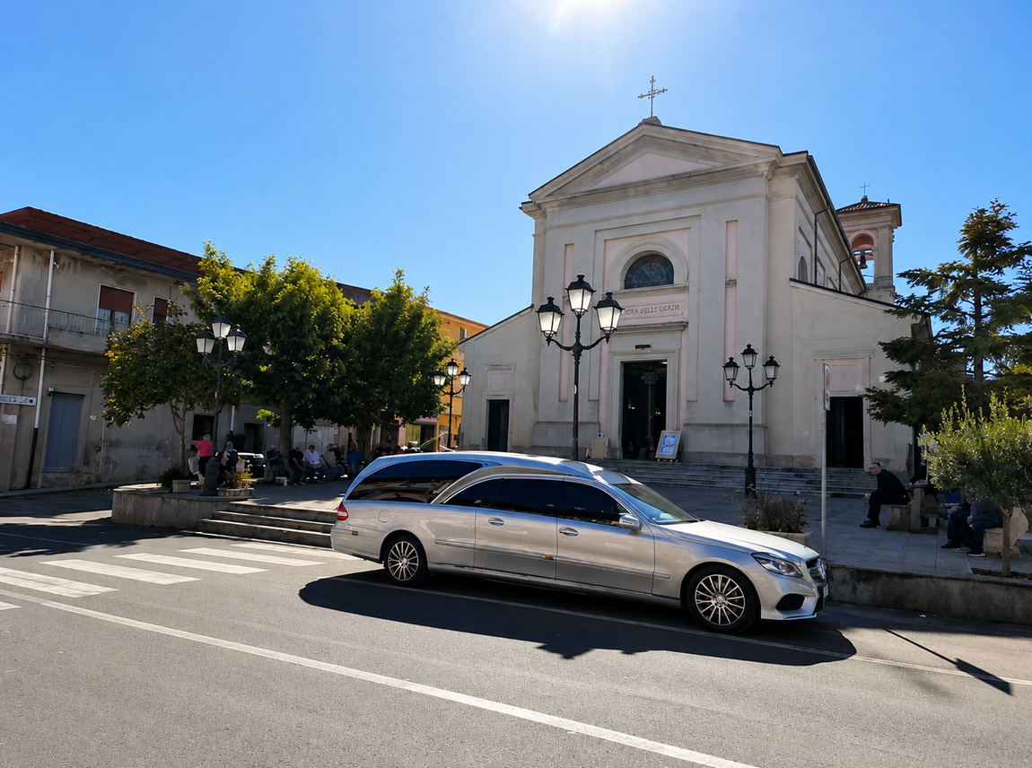 Facciata bianca di una chiesa su una strada soleggiata con un'auto argentata parcheggiata davanti.