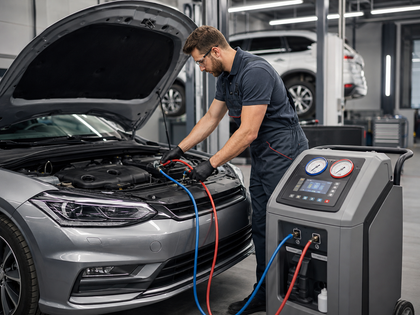 Un meccanico testa una batteria per auto con apparecchiature diagnostiche in un'officina meccanica.