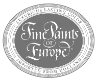 A logo for fine paints of europe , a luxurious lasting color imported from holland.