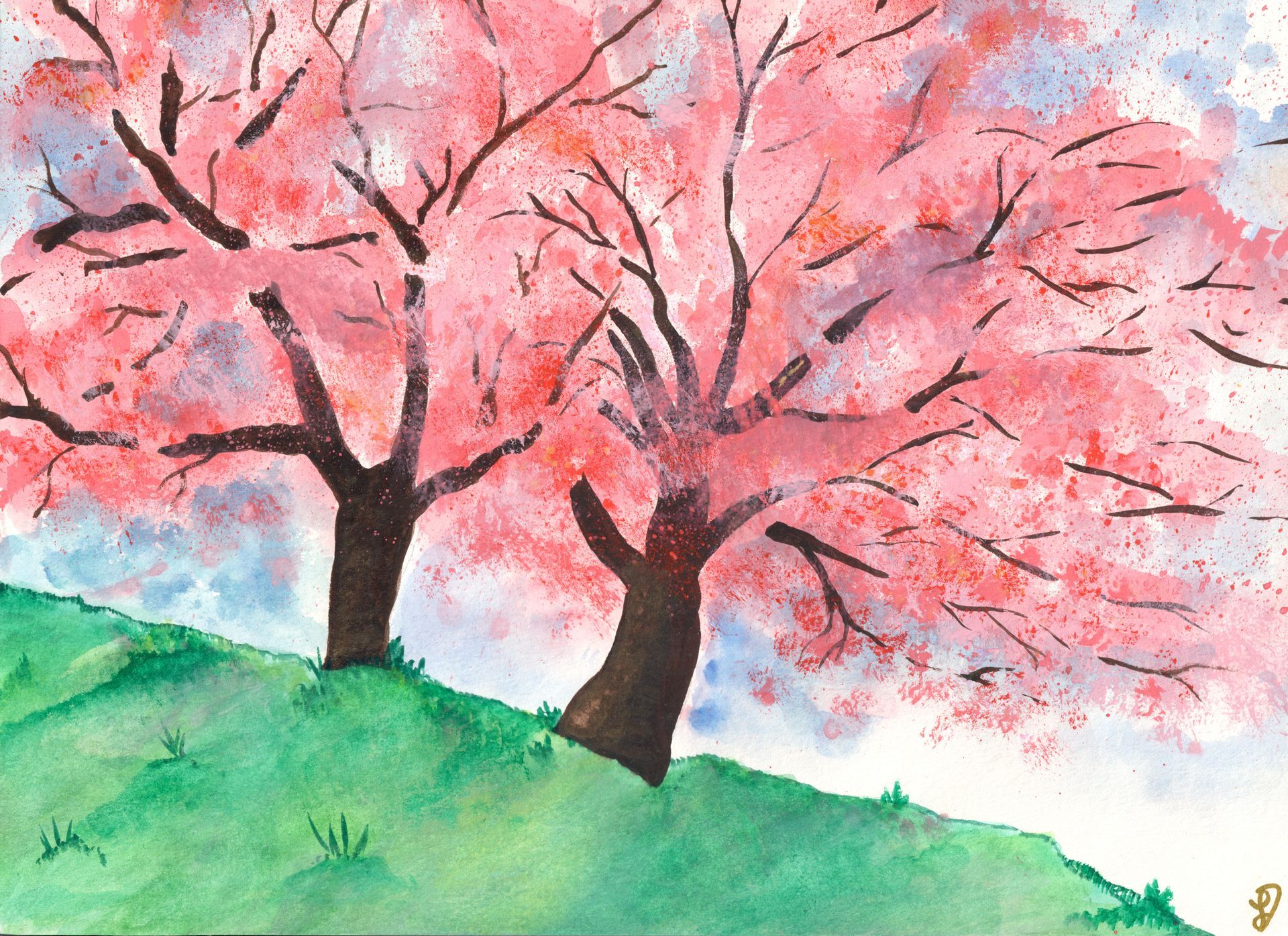 Two blooming oaks with pink blossoms representing the hope of two sisters.