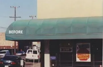 A before and after photo of a green awning on a building.