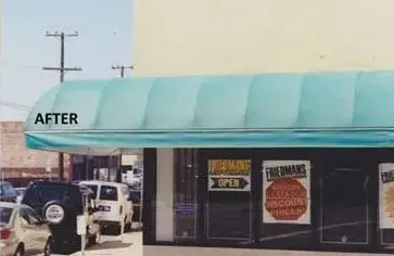 A before and after photo of a store with a blue awning.