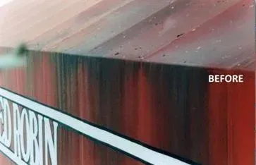A before and after picture of a red building.