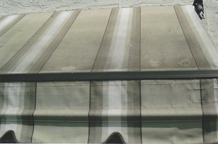A before and after photo of a red and white striped awning