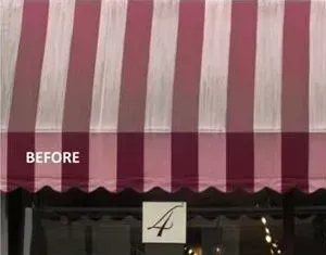 A before and after photo of a red and white striped awning