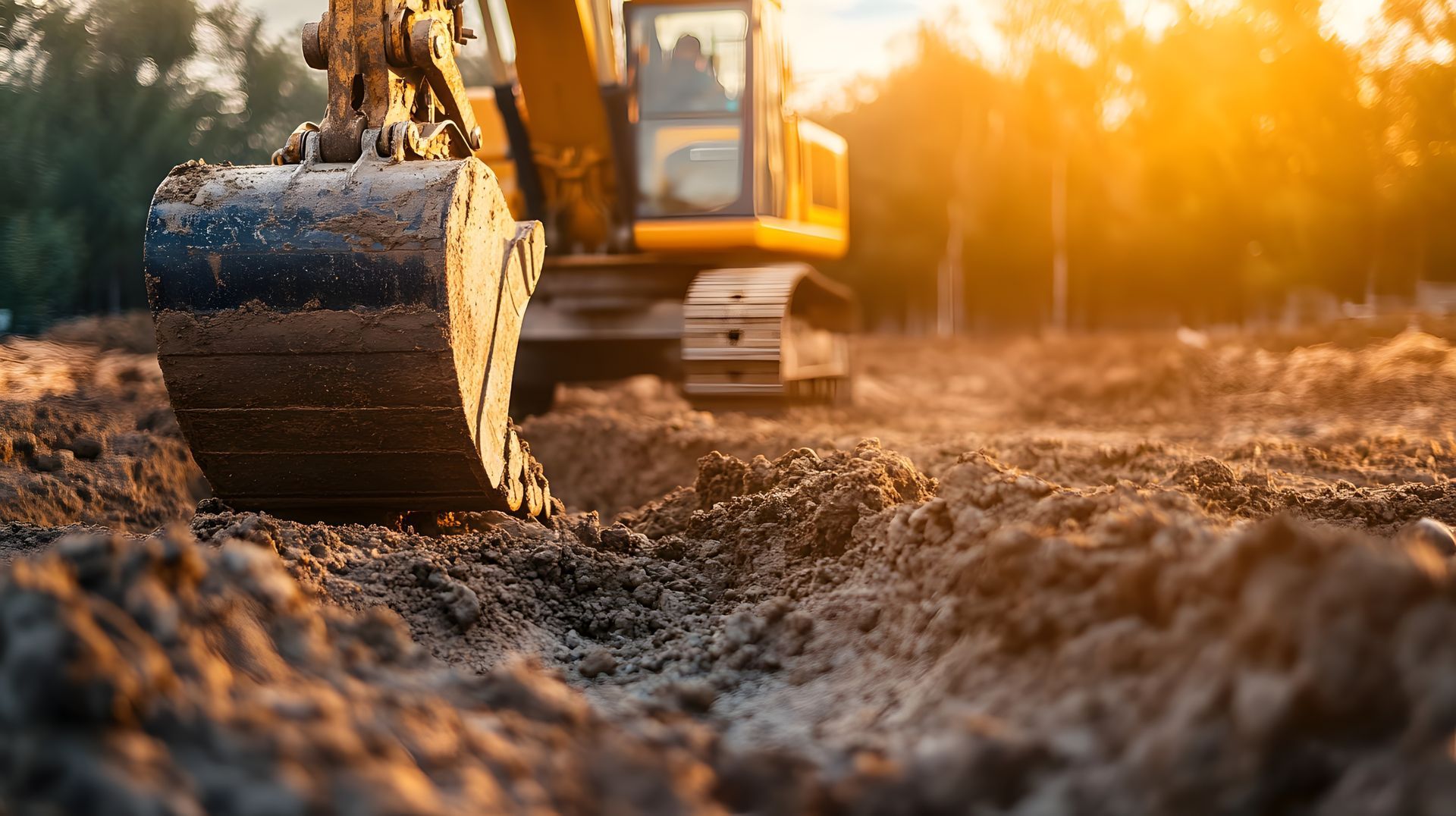 Excavator digging muddy soil at a construction site in warm sunset light