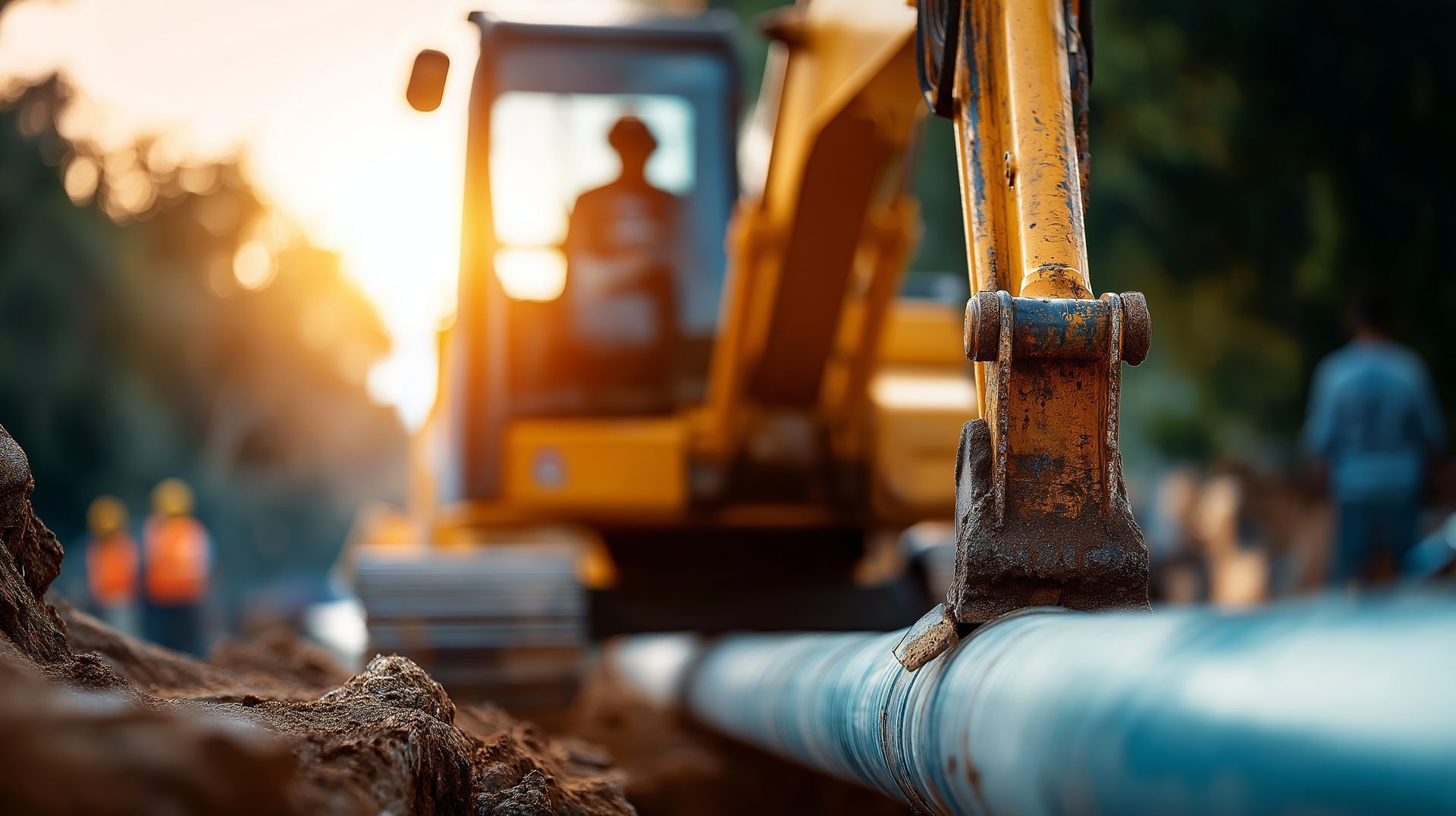 Excavator digging beside a large pipe at a construction site, with workers blurred in the background.