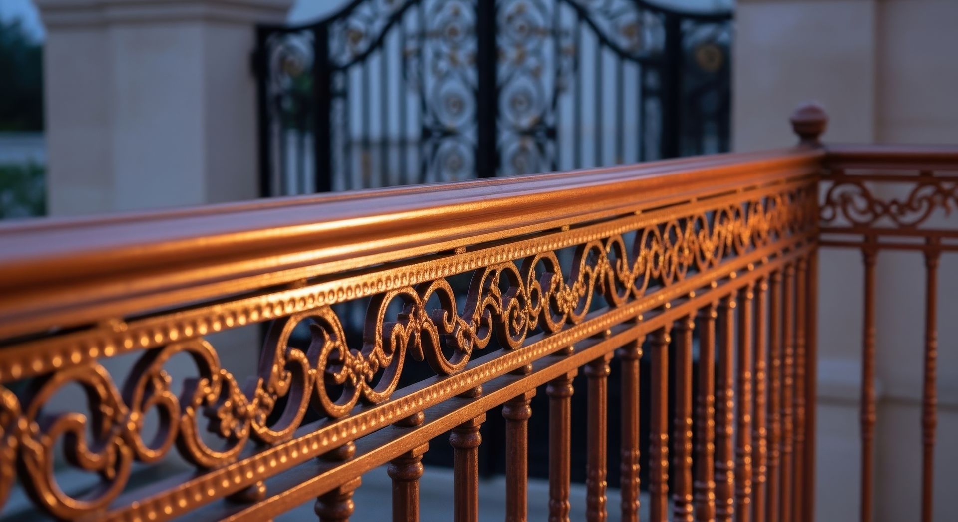 Ornate gold railing along a balcony, with a blurred building in the background.