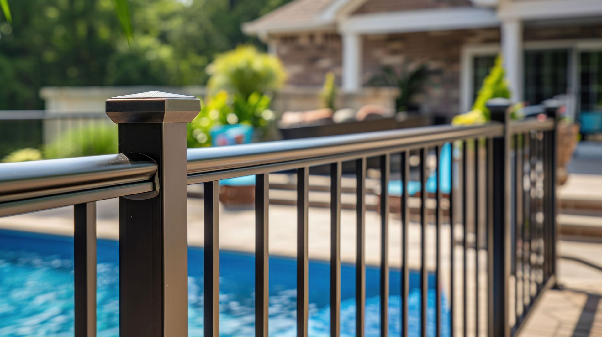 Black metal pool fence in front of a blue swimming pool and patio area