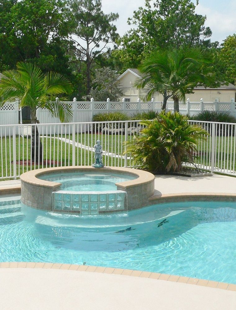 Backyard pool with a raised spa, white fence, palm trees, and a grassy yard in the background