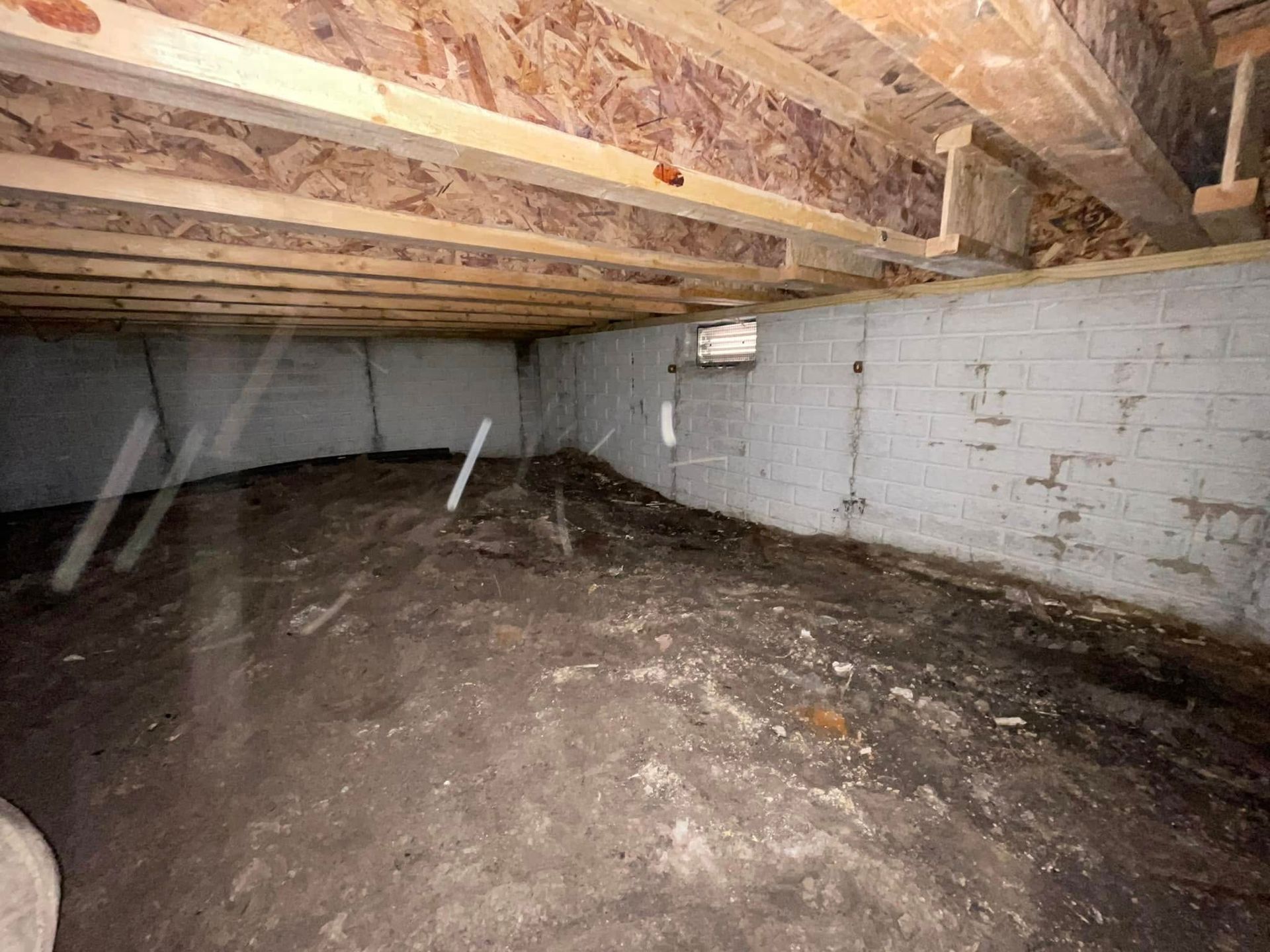 Unfinished basement with exposed floor joists, cinderblock walls, and a dirt floor.