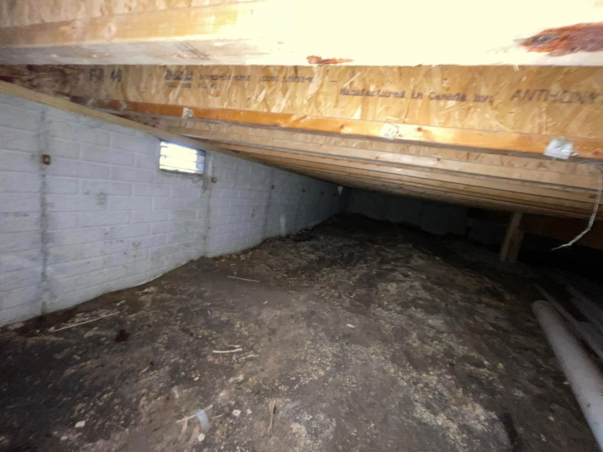 Crawl space under a house with dirt floor, white block wall, and exposed wooden beam overhead