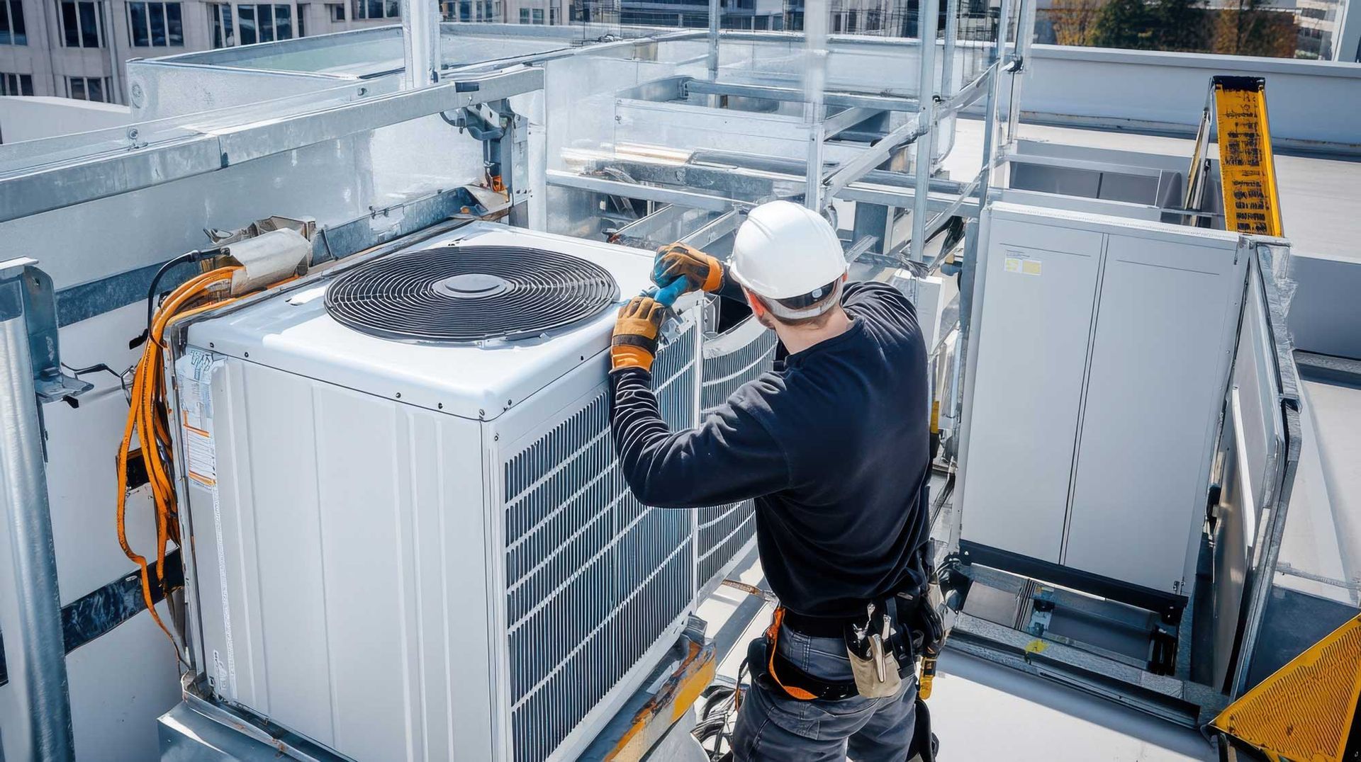 Technician inspecting rooftop HVAC unit with tools on an industrial building roof Technician inspecting rooftop HVAC unit with tools on an industrial building roof
