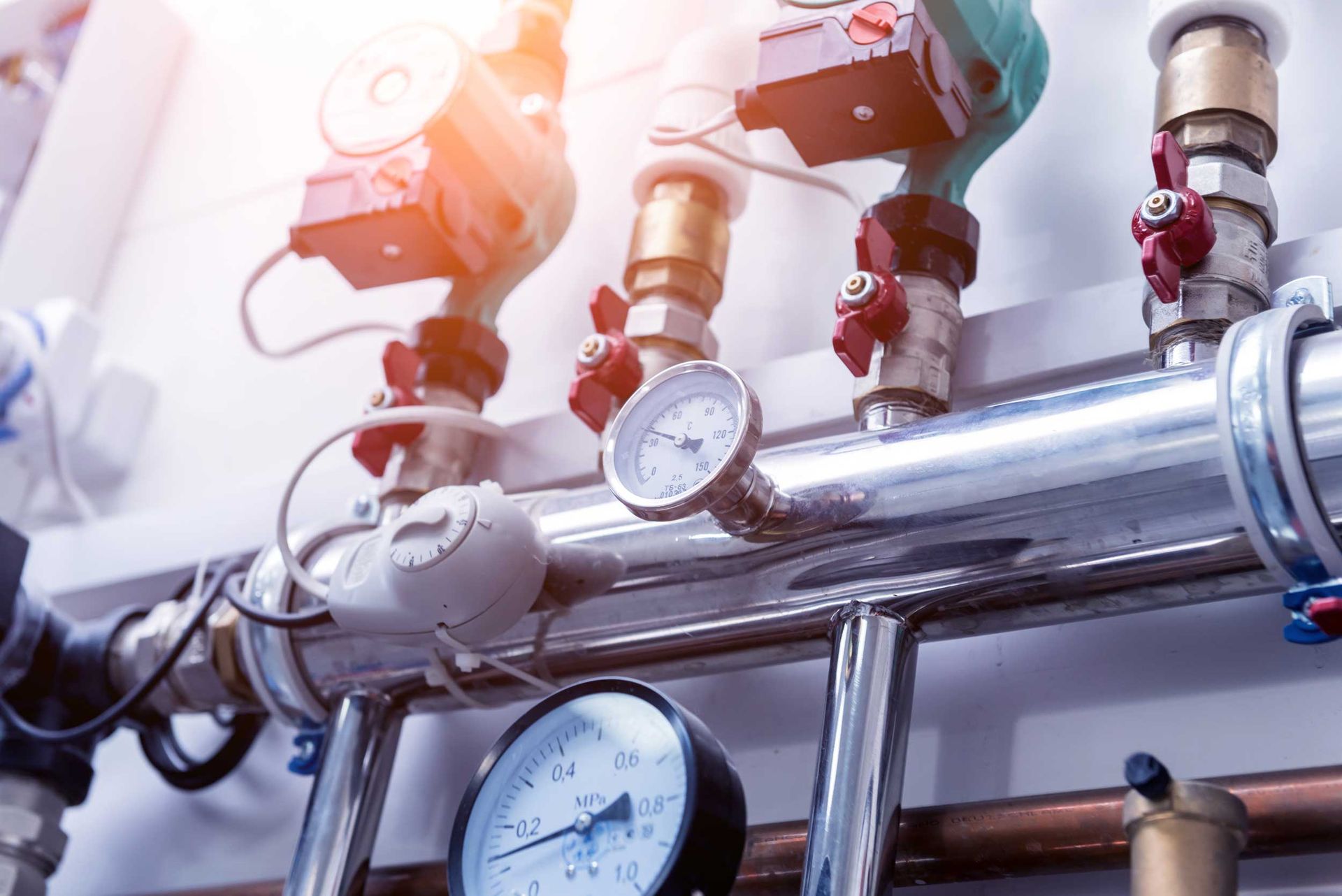 Industrial pipes with pressure gauges and valves in a bright mechanical room Industrial pipes with pressure gauges and valves in a bright mechanical room