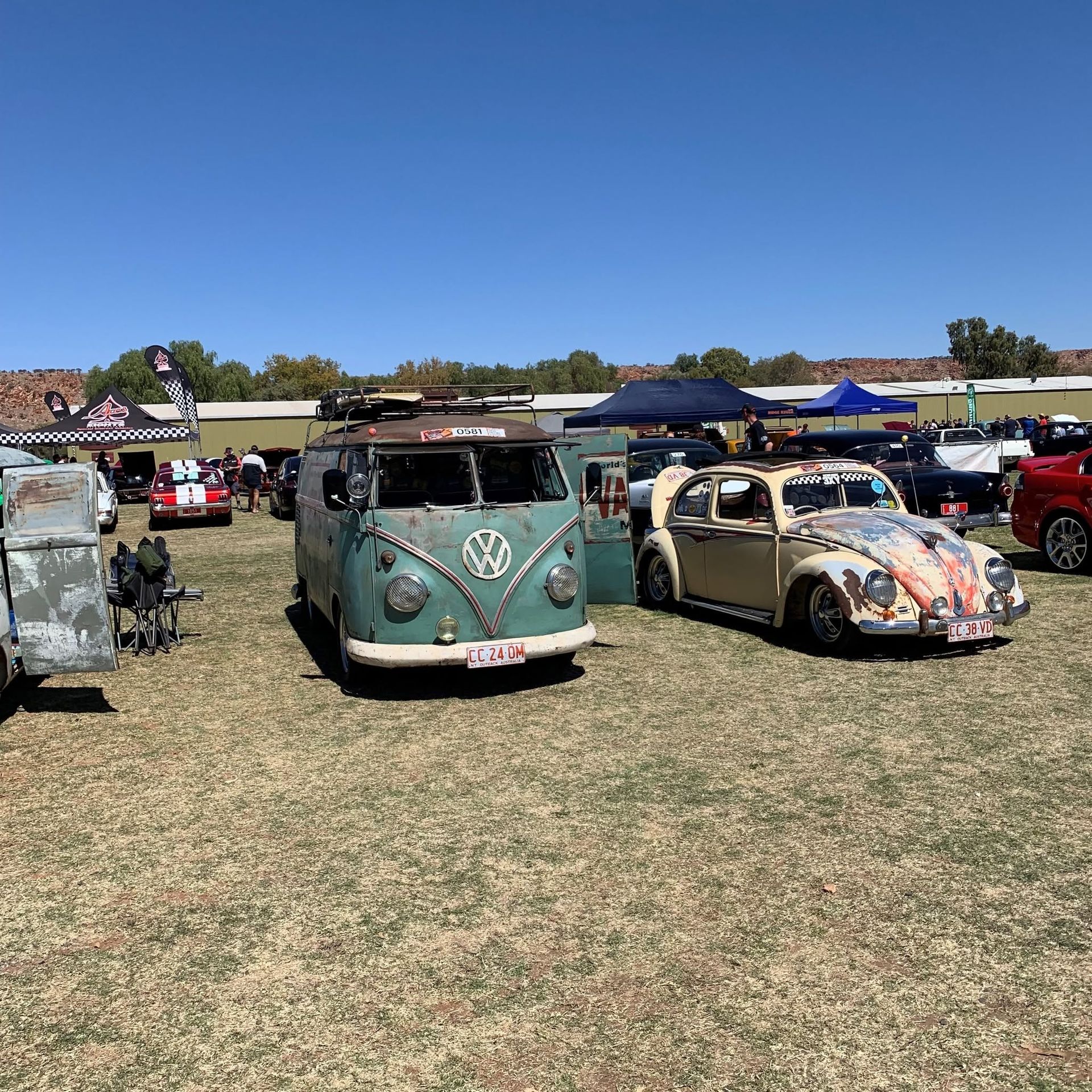 Classic VW Vans at An Outdoor Car Show on A Sunny Day Including a Teal Split Window Van — Blatherskite Park in Ilparpa, NT