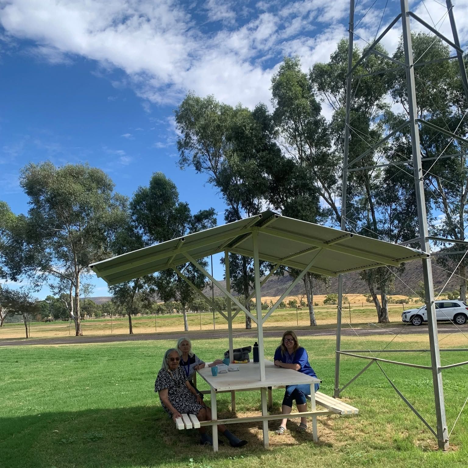 Two People Sitting at A Picnic Table Under a Metal Shelter in A Grassy Park on A Sunny Day — Blatherskite Park in Ilparpa, NT