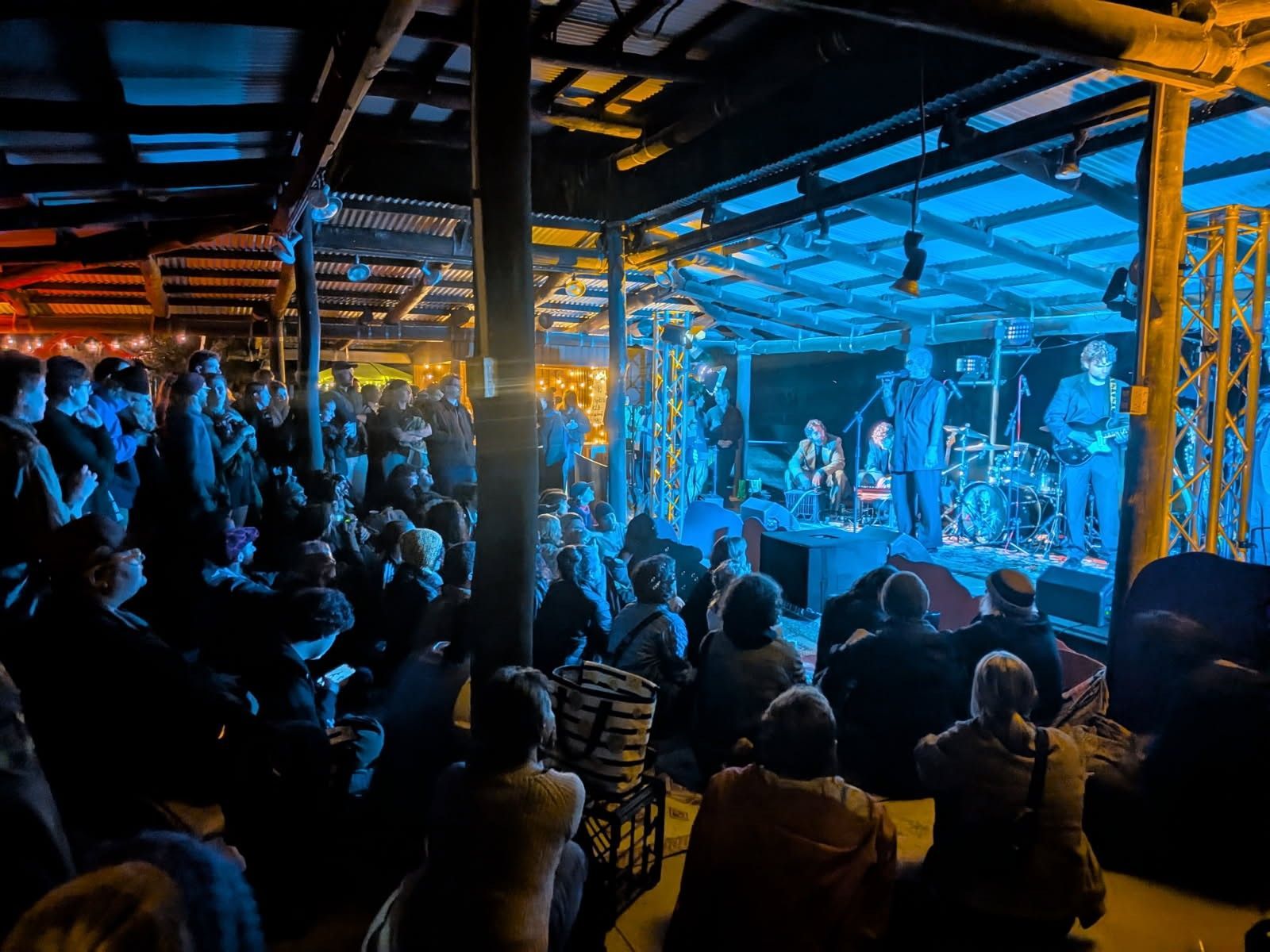 Crowded Concert in A Blue Lit Venue, with A Band on Stage and Audience Seated in Front — Blatherskite Park in Ilparpa, NT