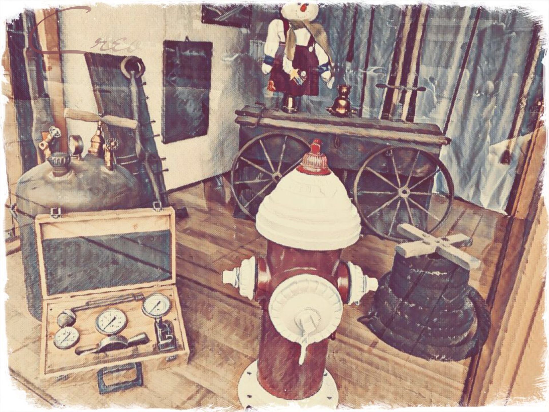 Fire hydrant and antique tools displayed indoors.