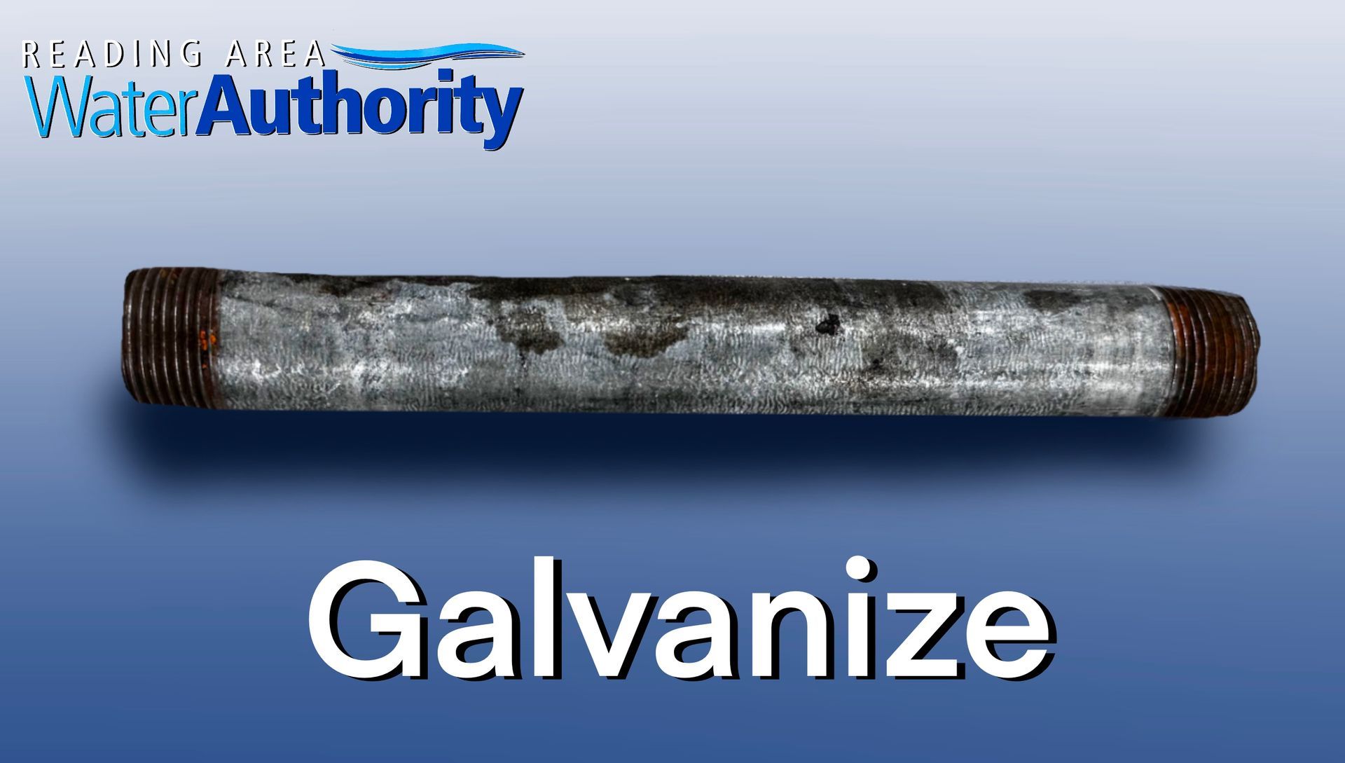 Galvanized metal pipe, with threaded ends, on a blue gradient background.
